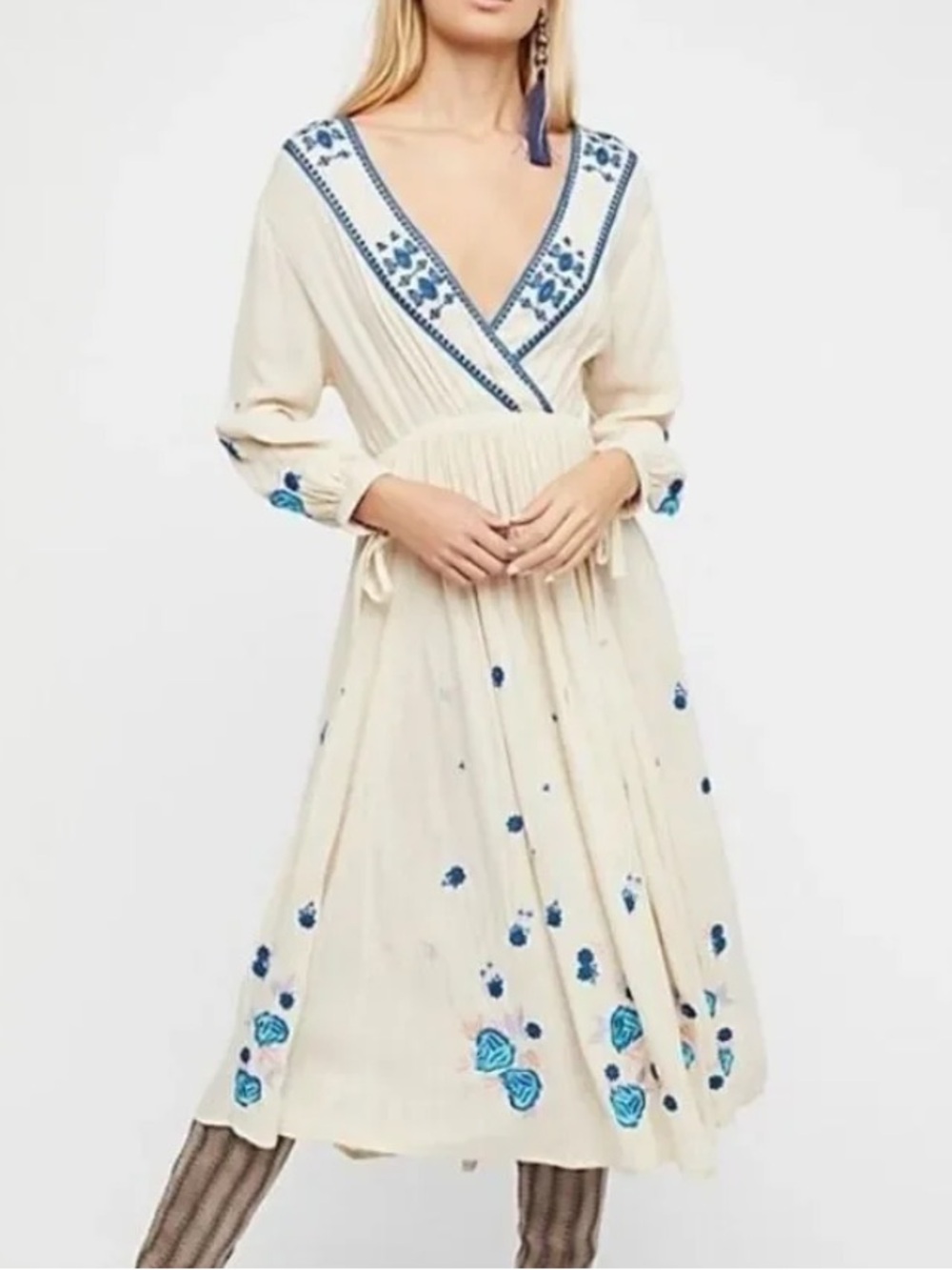 Free People Cream Midi Dress with Blue Embroidery size L